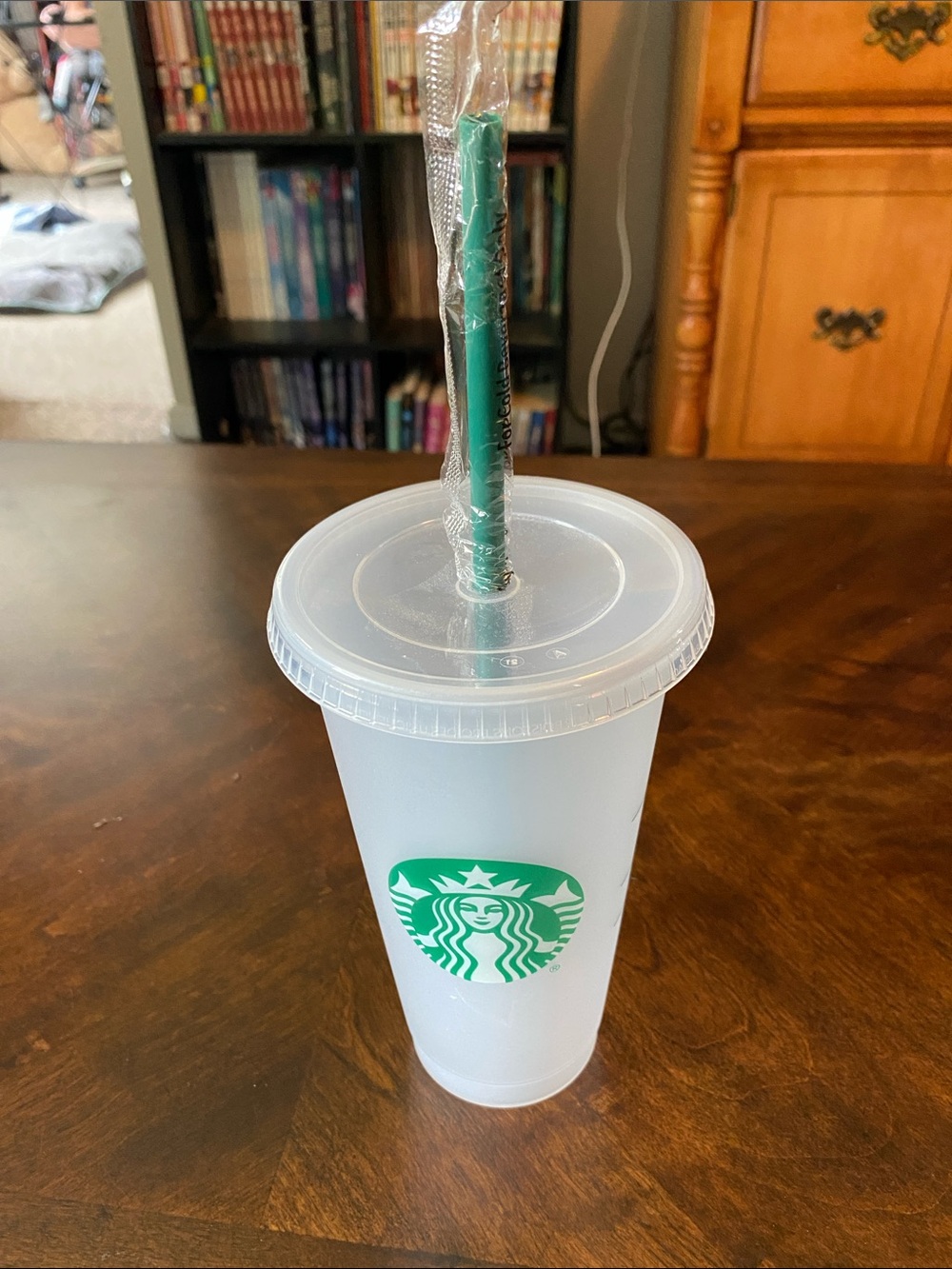 Starbucks Frosted White Cold Cup with Green Logo and Straw